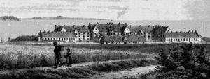 Foto fra Trap-Danmark 1. udg. 1855. Den nyopførte ”Daareanstalt” set fra ”Tretommervej”.